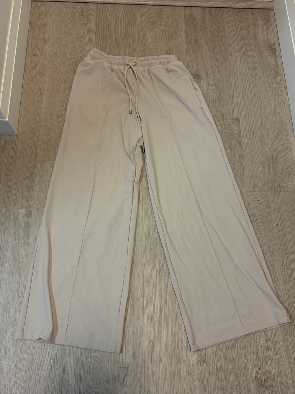 European brand - Wide Leg Drawstring Stretch Pants in Light Beige